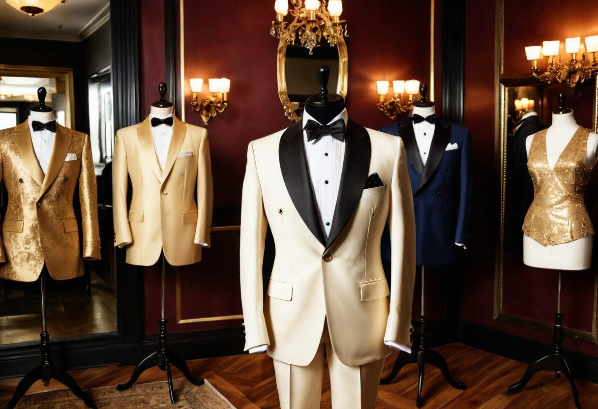 A stylish tailor measuring a distinguished gentleman in a luxurious boutique, with an array of bespoke tuxedos displayed on elegant mannequins around them. The scene should evoke sophistication, showcasing rich fabrics, intricate patterns, and a warm, inviting atmosphere. Soft, golden lighting highlights the details of the tuxedos while a vintage mirror reflects the artisan's precise work. super-realistic. vibrant colors. warm tones.