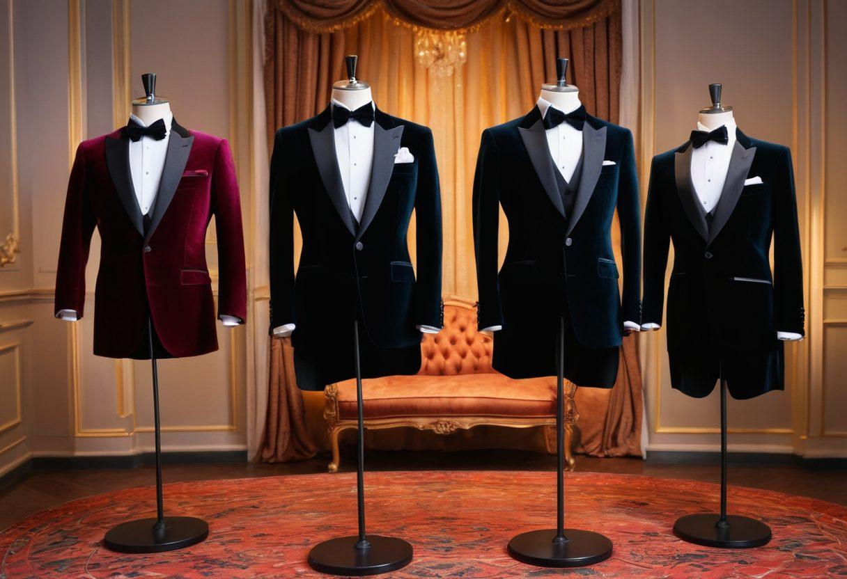 A stylish collection of various tuxedos displayed elegantly on mannequins, showcasing different styles like classic black, velvet, and colorful options. Surround the tuxedos with accessories like bow ties, cufflinks, and shoes, set against a sophisticated backdrop of a luxury event, complete with soft lighting and decorative elements. Highlight texturing and fabric details for a close-up feel. super-realistic. vibrant colors. elegant atmosphere.