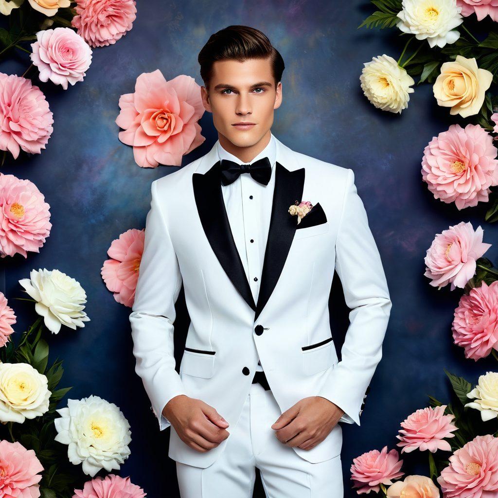 A stylish ensemble featuring a modern tuxedo tailored for both prom and wedding occasions, surrounded by a dreamy atmosphere of elegant decor. Include sleek accessories like bow ties and cufflinks, with a backdrop of soft pastel colors and floral arrangements. Capture the mood of celebration and sophistication, appealing to young adults seeking inspiration for formal events. super-realistic. vibrant colors. elegant background.